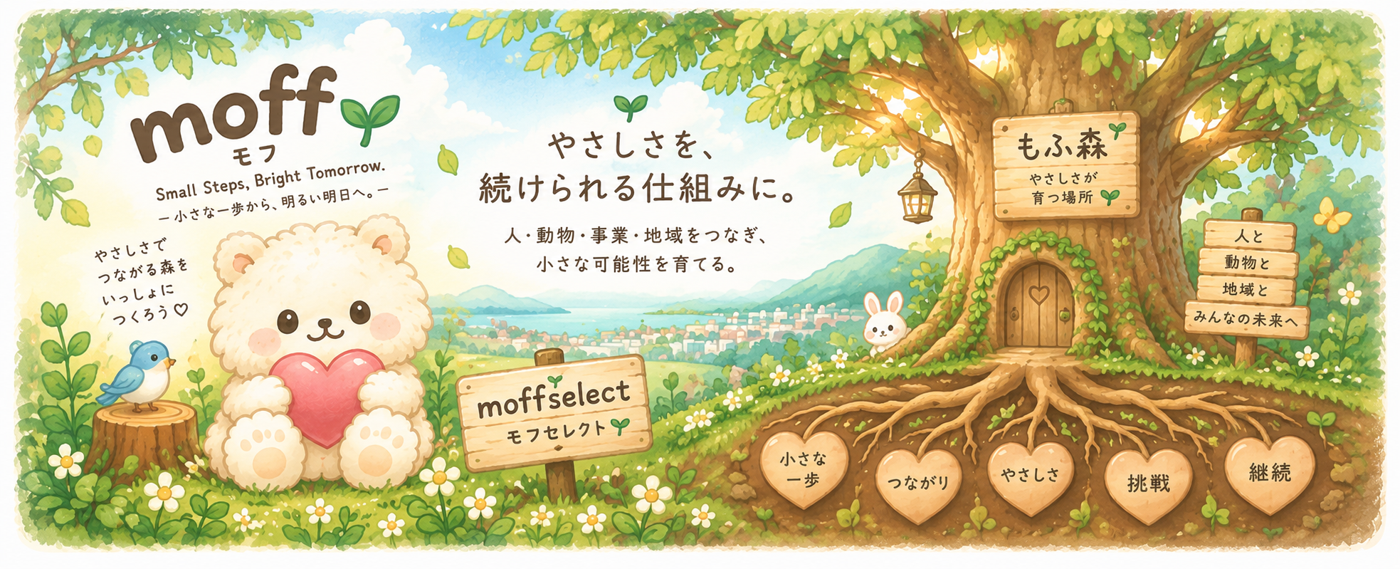 ハートを抱えるmoffと、根が見えるもふ森の大きな木。根には、小さな一歩・つながり・やさしさ・挑戦・継続の5つの言葉。人・動物・事業・地域をつなぎ、小さな可能性を育てる森のイメージです。